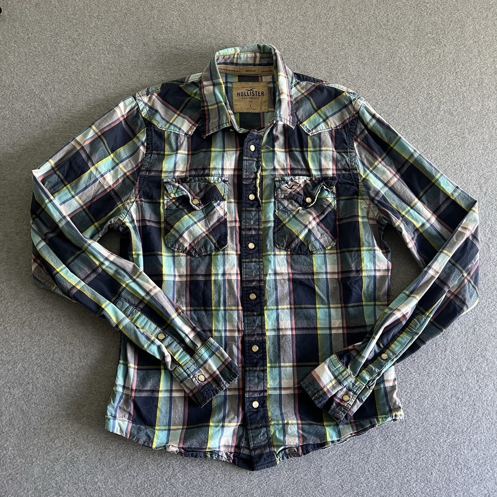 Hollister Western Style Shirt Mens Large Pearl Snap Up Multicolor Plaid Cowboy